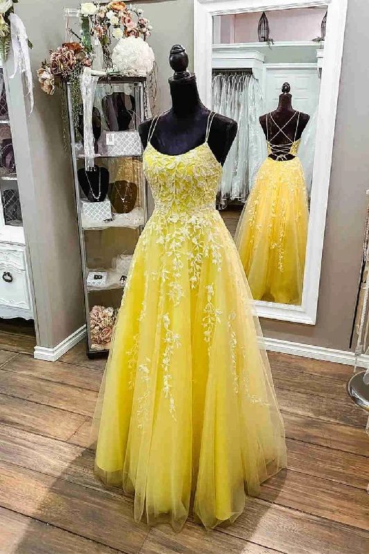 Deal Mania tiered dressStraps Yellow Lace Appliques Prom Dress