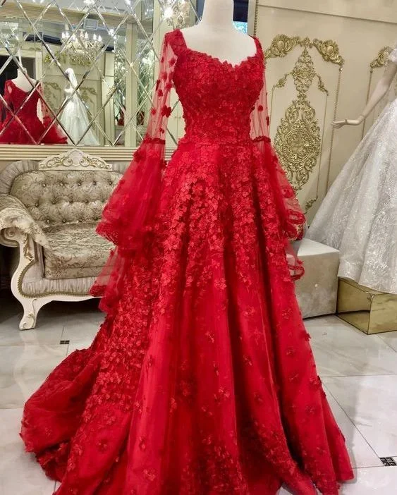 Unmissable Offer playful dressA-line red tulle and lace appliqued long plus size formal dress prom dress Y7048