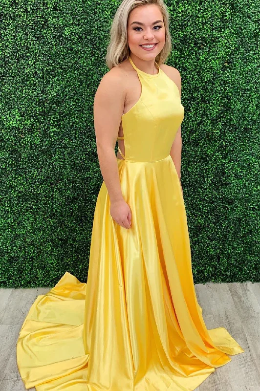 New Deals sophisticated dressSimple Halter A-Line Open Back Yellow Long Prom Dress