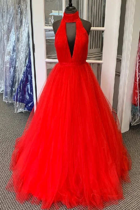 silk dressHalter Ruched Long Red Prom Dress with Open Back