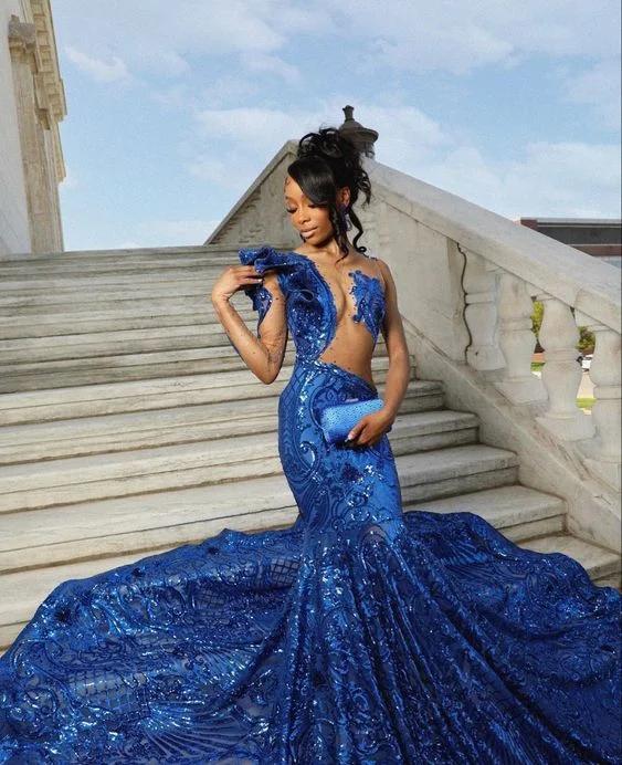 Seasonal Clearance classic fit-and-flare dressSexy blue prom dress,mermaid prom gown Y6675