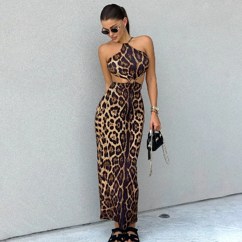 casual shift dressWomen's Summer Sexy Leopard Print Halter Backless Hip Dress