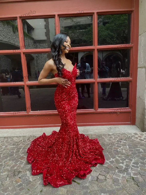 lace-up dressSexy Mermaid Sweetheart Neckline Sequin Black Girl Red Evening Gown Prom Dresses