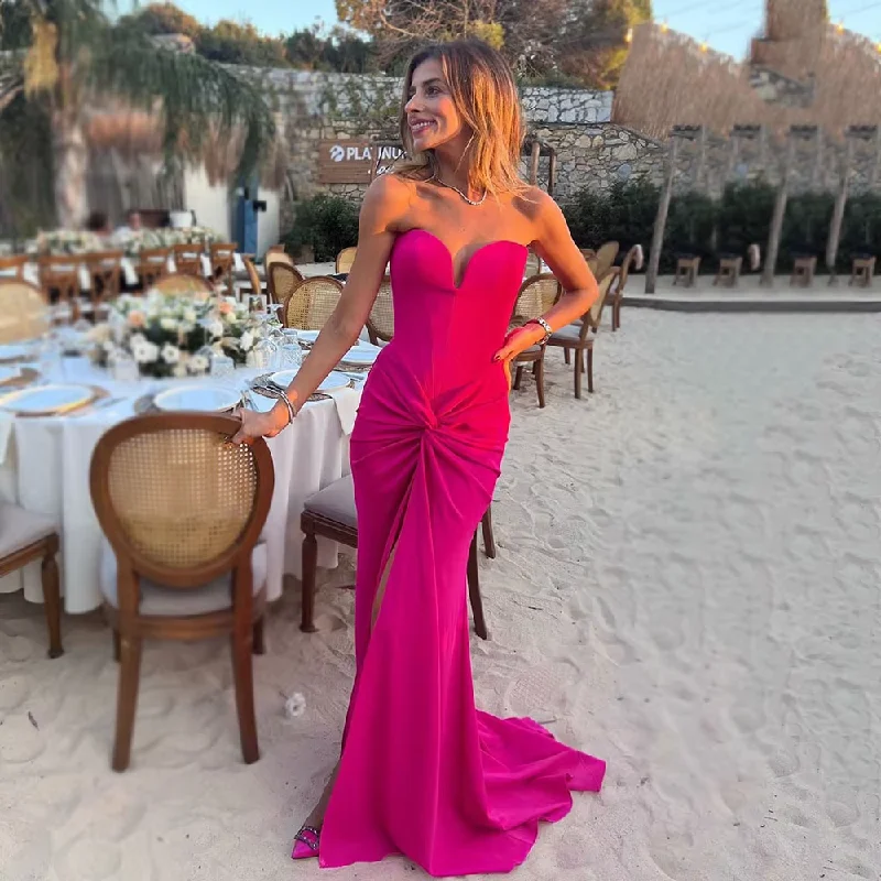 modern dressFuchsia Mermaid Prom Dresses Side Split Evening Gown Woman Pleats Elegant Party Dress Beach Wedding Guest Dress