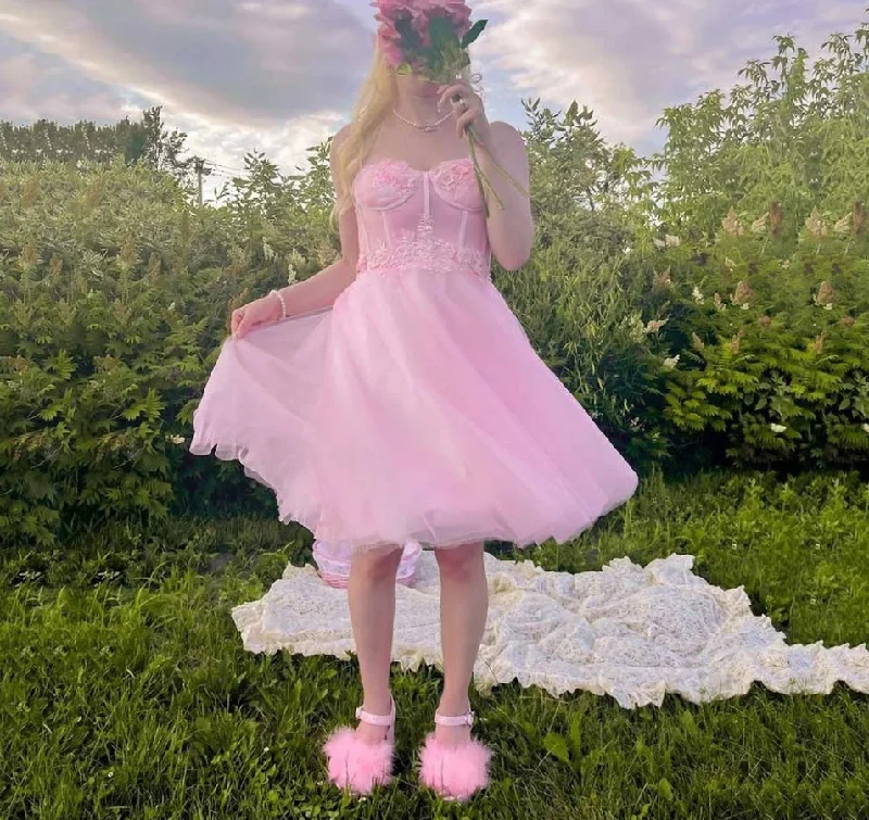 Don't Wait knit dressFairy Princess Pink Prom Dresses Sweetheart Appliques 3D Flowers Tulle Knee Length Women Evening Gowns Wedding Party
