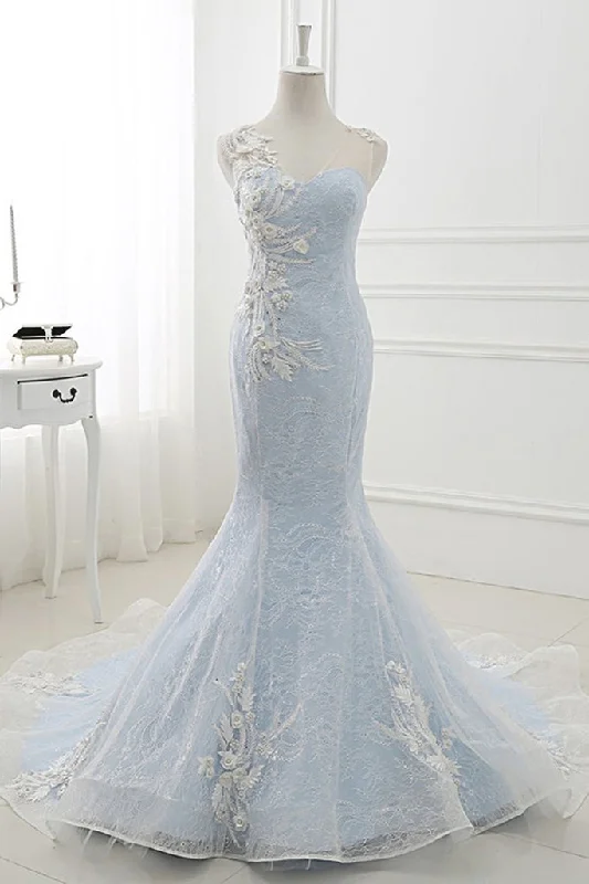 luxury dressBaby Blue Sweep Train Lace Mermaid Evening Dresses, Formal Dress With Applique