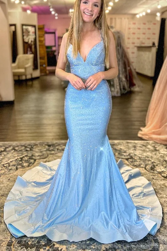 boho dressLight Blue Beaded Mermaid Long Prom Dress with Lace Up Back