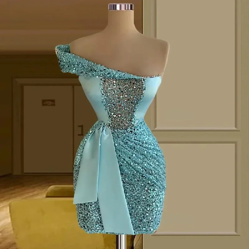 relaxed fit dressLight Blue Short Cocktail Dresses for Women Sheath One Shoulder Mini Sequins Homecoming Evening Dresses Haute Couture