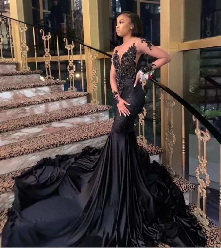 spaghetti strap dressBlack African American Prom Dresses Mermaid Long Sleeves Beaded Black Girls Nigeria Robe De Soiree Evening Dress Gown