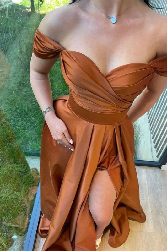 Super Sale minimalistic dressBurnt Orange Satin A-line Side Slit Long Evening Prom Dresses, Off Shoulder Prom Dress Y6746 Super Sale minimalistic dressBurnt Orange Satin A-line Side Slit Long Evening Prom Dresses, Off Shoulder Prom Dress Y6746