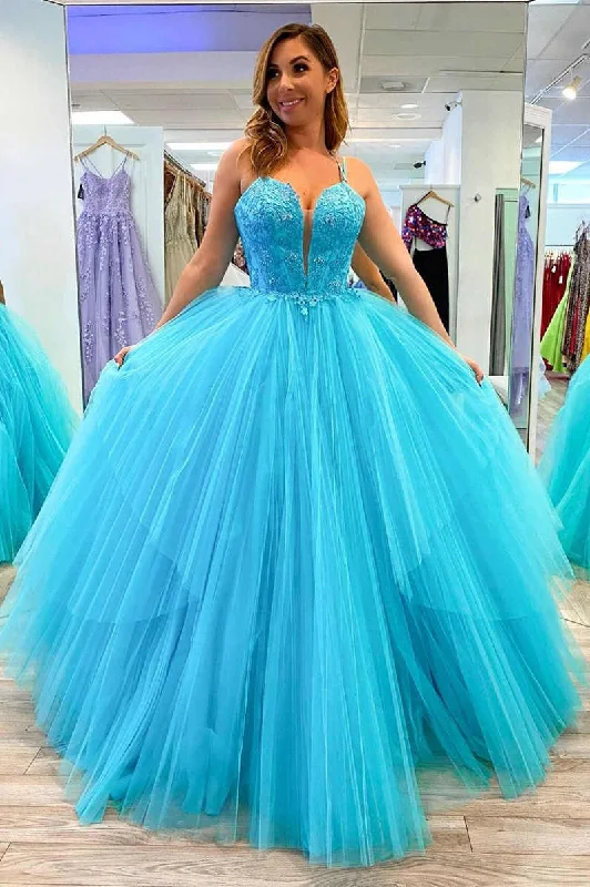 Deal of the Week v-neck dressA-Line Lace Appliques Blue Prom Dress