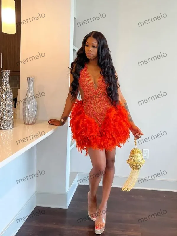 form-fitting dressOrange Sparkly Short Prom Formal Dresses for Black Girl Luxury Diamond