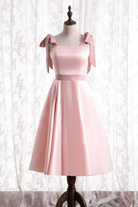 Stock Clearance trendy dressKnee Length Pink Satin Party Dress with Tie Shoulders