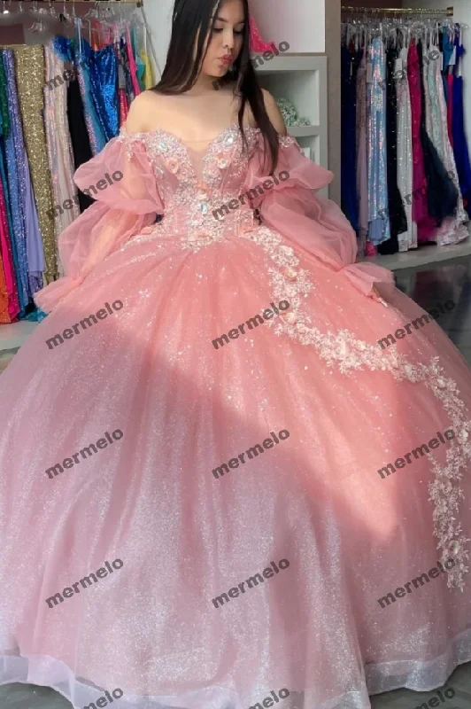 flowy dressPink Long Sleeve Quinceanera Dress Ball Gown Applique Beaded Sequins Corset Sweet 16