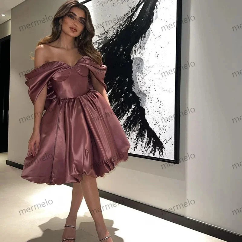 cocktail party dressOff Shoulder Satin Evening Dress Short Girl Birthday Prom Dress A-line Evening Party Dresses Formal Occasion Gown