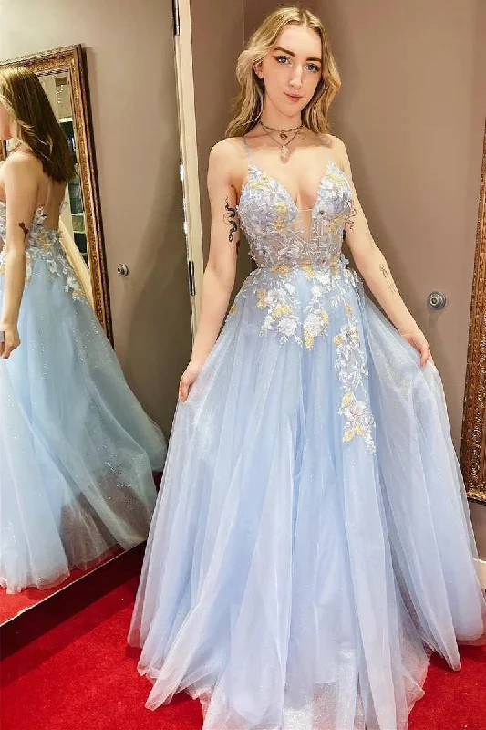 playful dressLight Blue Floral Lace Open Back A-Line Prom Dress