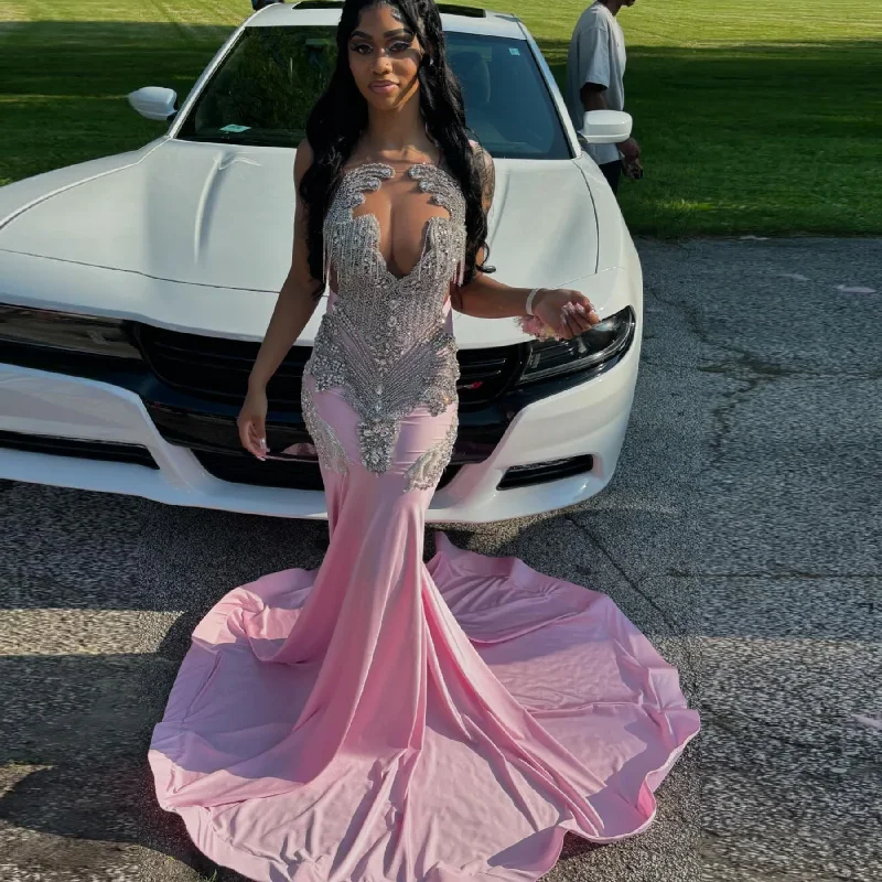 off-the-shoulder dressAmazing Pink Rhinestone Mermaid Evening Dresses Luxury Aso Ebi Stylished Crystal Long Maxi Gowns African Party Dress