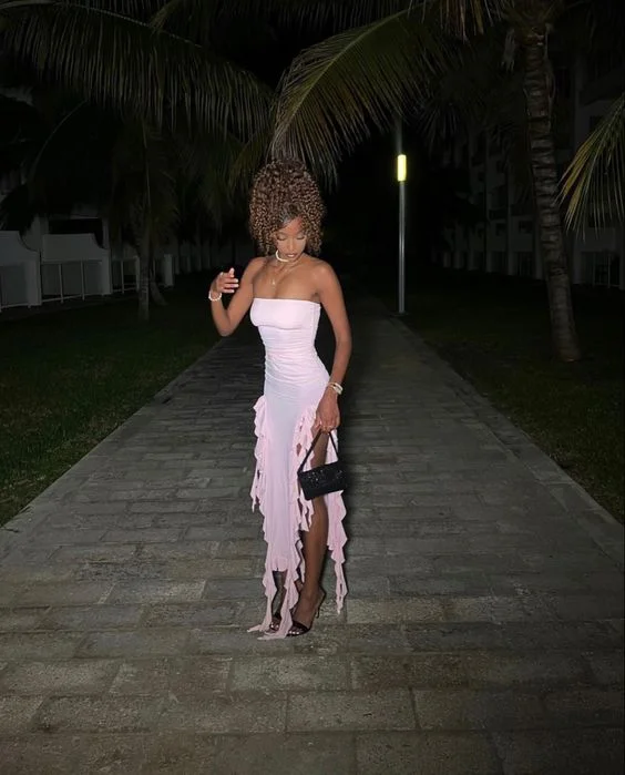 Price Slash silk dressPink Strapless Ruffle Evening Dress Women Sexy Bodycon Fringe Elegant Sleeveless Backless Holiday Club Party Dress Y6438