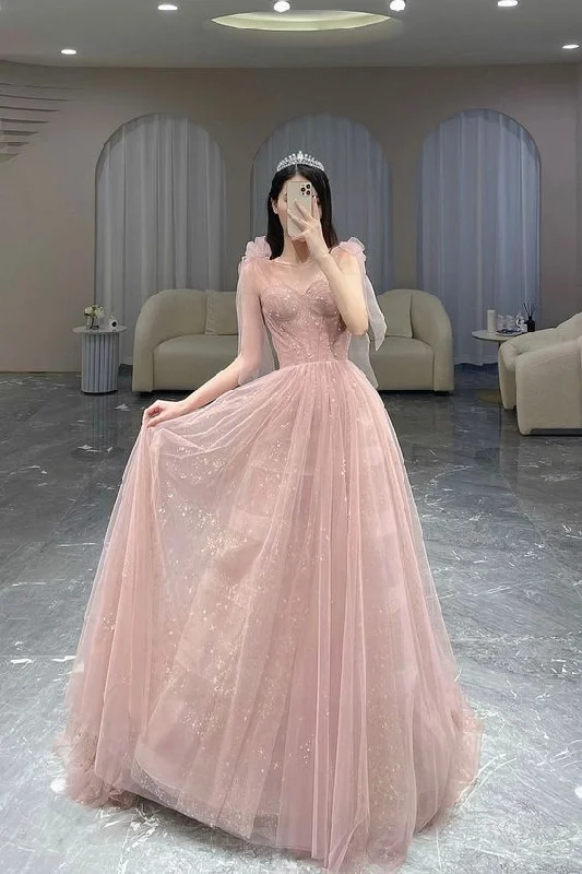 Super Sale ashionable dressPink A-Line Tulle Long Prom Dress, Cute Pink Graduation Dress Y7009