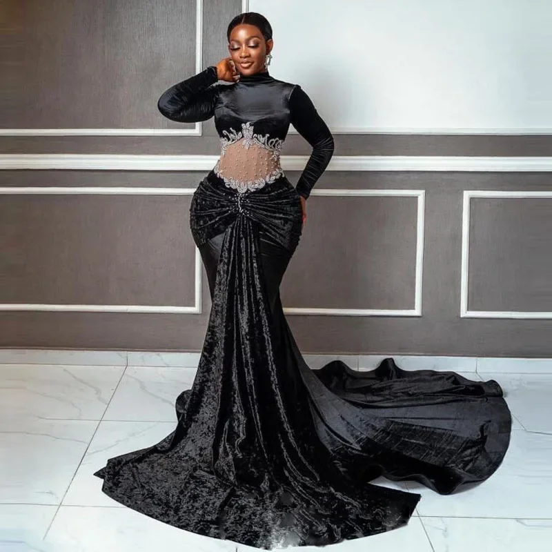 casual day dressBlack Girls Long Evening Dresses High Neck Pearls Appliques Pleats Long Sleeves Mermaid Prom Dress Long Train Aso Ebi Gowns