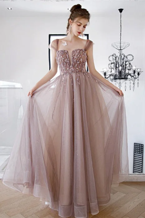 Final Clearance bodycon dressA-Line Cap Sleeve Beaded Dusty Rose Prom Dress