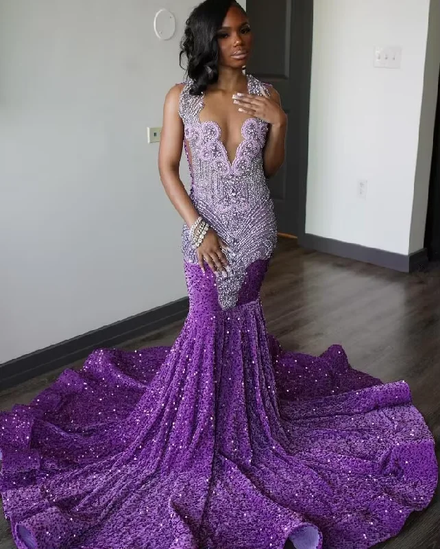 wrap-around dressPurple Sparkly Long Mermaid Prom Birthday Gala Dresses for Black Girl 2024 Luxury Diamond Velvet Sequins Evening Ceremony Gown