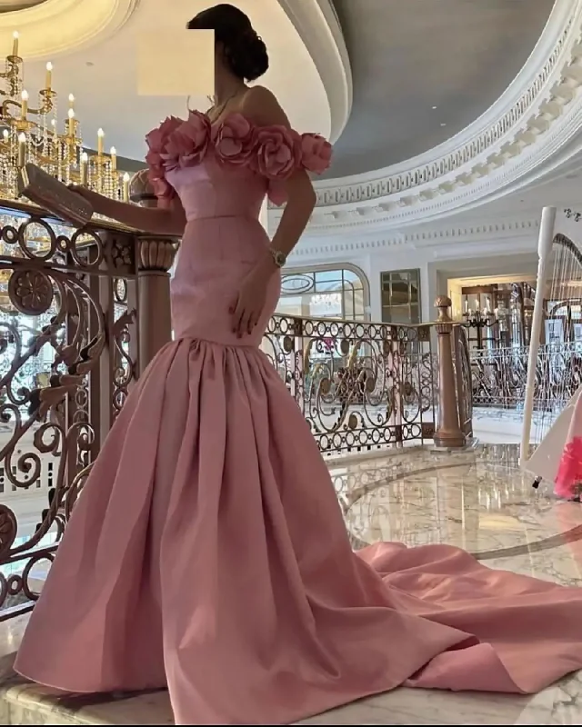 boho dressBeautiful Rose Pink Bloom Mermaid Long Maxi Gowns To Event Party Lace Up Black 3D Flower Strapless Formal Party Dresses