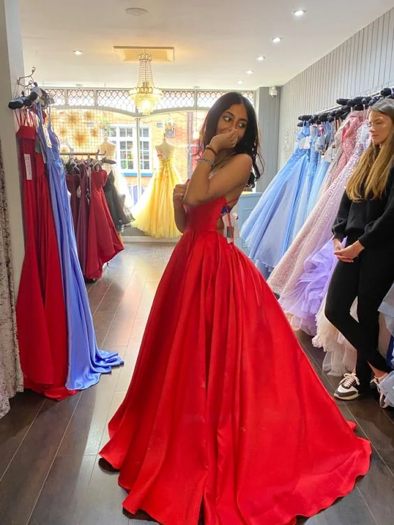 Major Savings flowy evening dressClassic Red A-line Satin Prom Dress With Pockets Y7164 Major Savings flowy evening dressClassic Red A-line Satin Prom Dress With Pockets Y7164