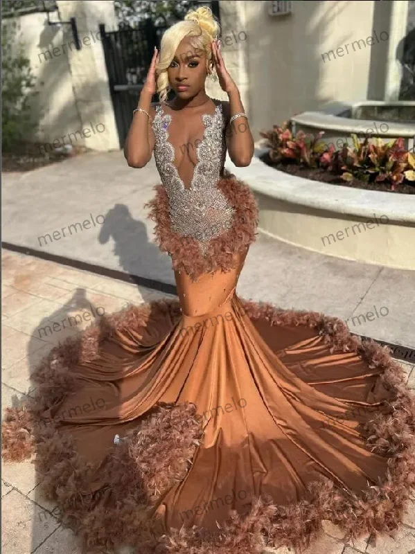 shift dressBrown Long Mermaid Evening Birthday Gala Dresses for Black Girl Luxury Diamond Crystal Feather Prom Ceremony Party Dress