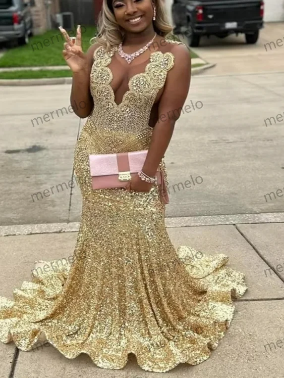 t-shirt dressLuxury Gold Diamond Evening Dress Plus Size Sparkly Sequin Prom Dress Rhinestone