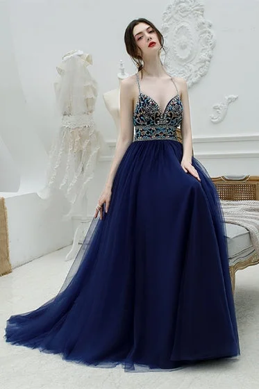 Great Deals mini dressElegant Halter Beaded Navy Blue Long Prom Dress