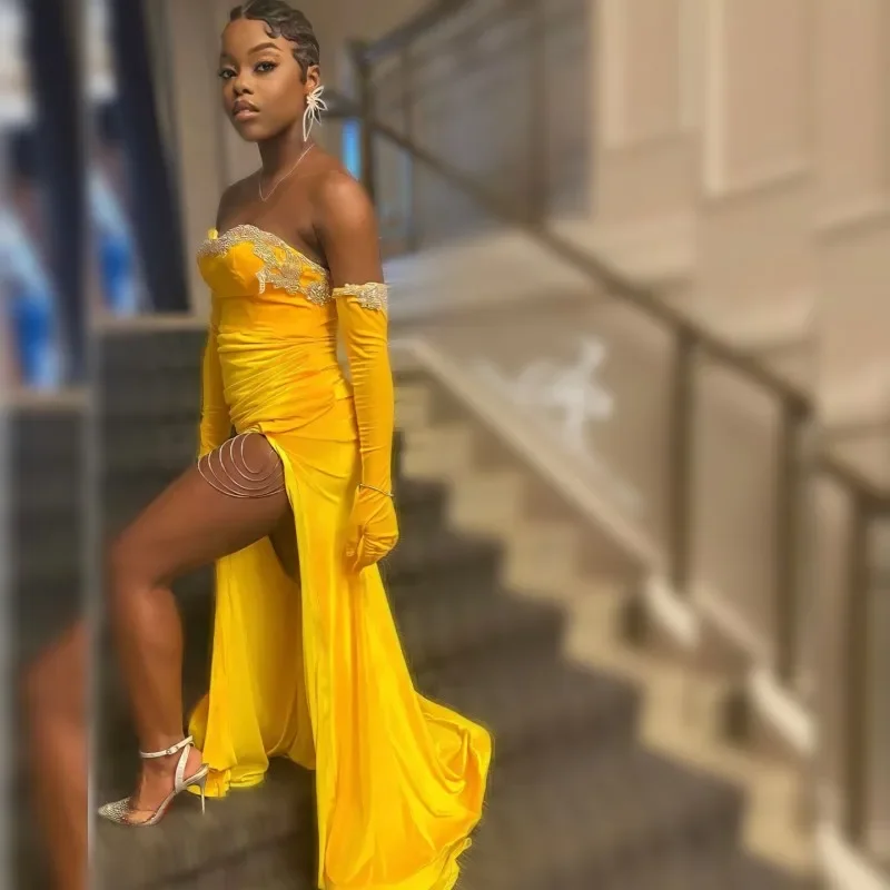 Price Smash chic slip dressYellow Prom Dresses For Black Girls 2024 Velvet Mermaid Party Gown Beading Evening Dress With Golves Vestidos De Festa