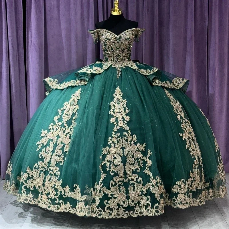 Exclusive Savings summer dressEmerald Green Shiny Quinceanera Dresses For Sweet 16 Princess Gown Gold Applique Lace Beads Birthday Party Prom Dresses Vestido