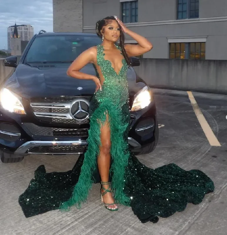 Low Prices floral dressEmerald Green Sparkly African Prom Dresses for Women Luxury Diamond Crystal Feather Slit Evening Birthday Gala Gown Black Girl