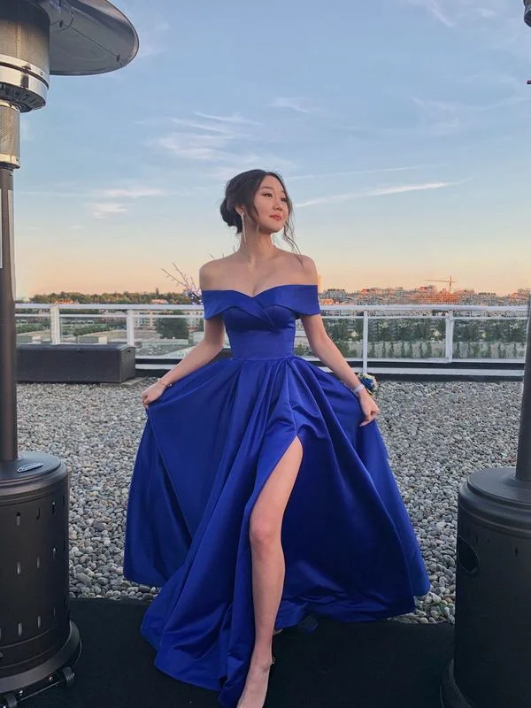 satin midi dressPretty Royal Blue Prom Dress,Satin A-Line Off Shoulder Evening Dress Y7643