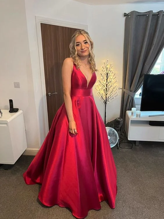 Low Prices elegant maxi dressA-Line V Neck Floor-Length Red Evening Dress Y6035