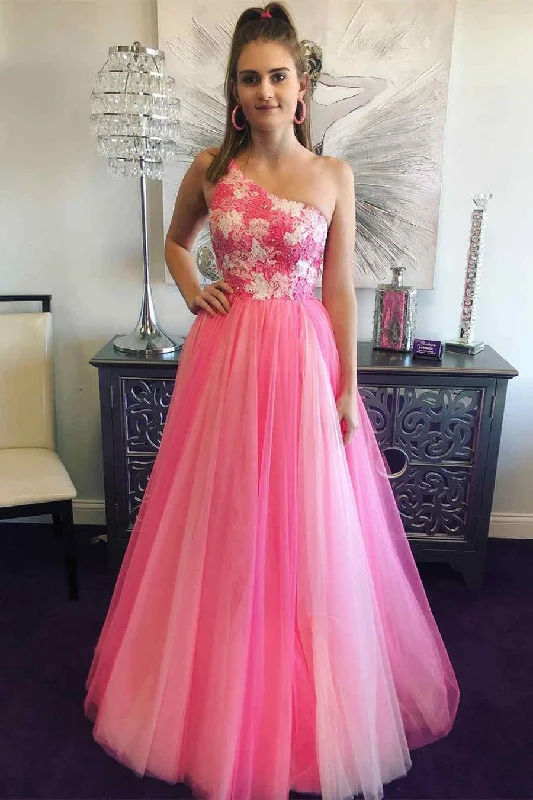 Closeout form-fitting dressOne Shoulder Hot Pink Tulle Prom Dress with Appliques