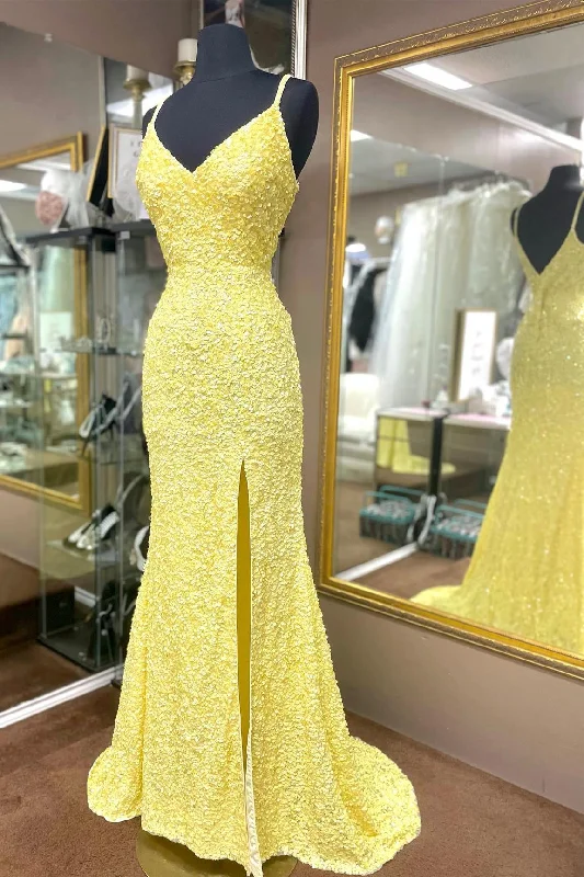 Online Exclusive vintage-inspired dressMermaid Yellow Sequins Long Prom Dress with Slit Online Exclusive vintage-inspired dressMermaid Yellow Sequins Long Prom Dress with Slit