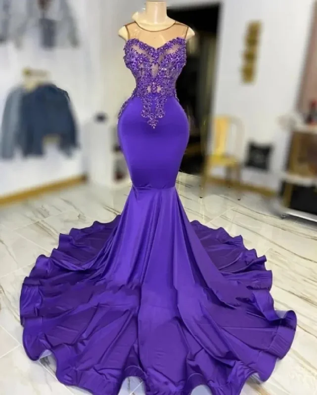 Crazy Savings fitted cocktail dressExquisite Purple O Neck Long Prom Dress Beaded Birthday Party Dresses Mermaid Evening Gowns Appliques