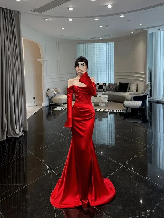 Special Offer layered dressClassy Red Mermaid Long Sleeves Evening Dress Y6704