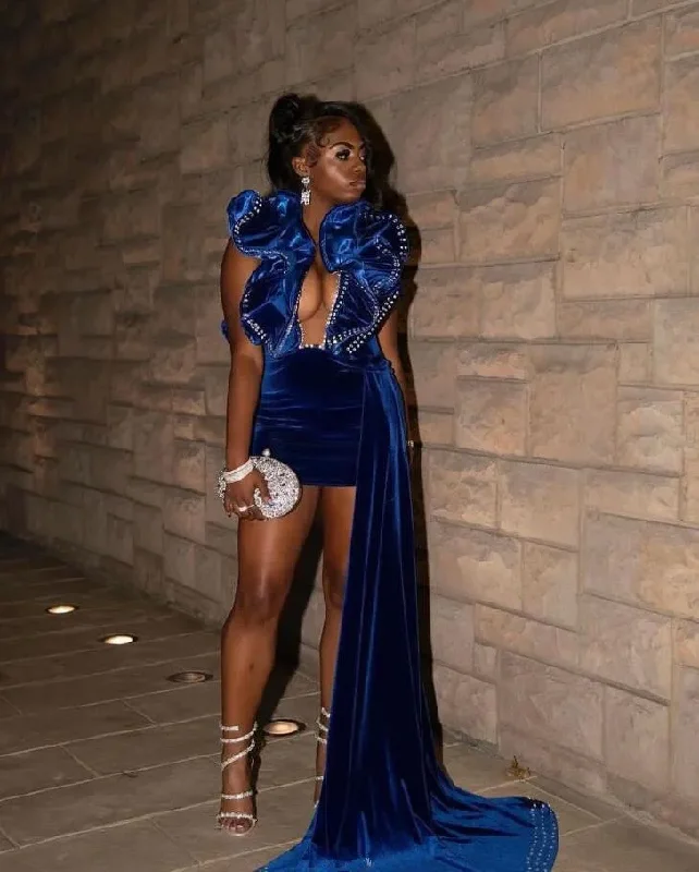 layered dressKing Blue Short Prom Homecoming Dress with Train Ruffles Shoulder Black Girl Birthday Gown vestidos de graduación