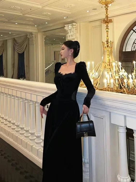 Anniversary Sale casual knit dressElegant Black Long Sleeves A-line Prom Dress,Black Party Gown Y7083