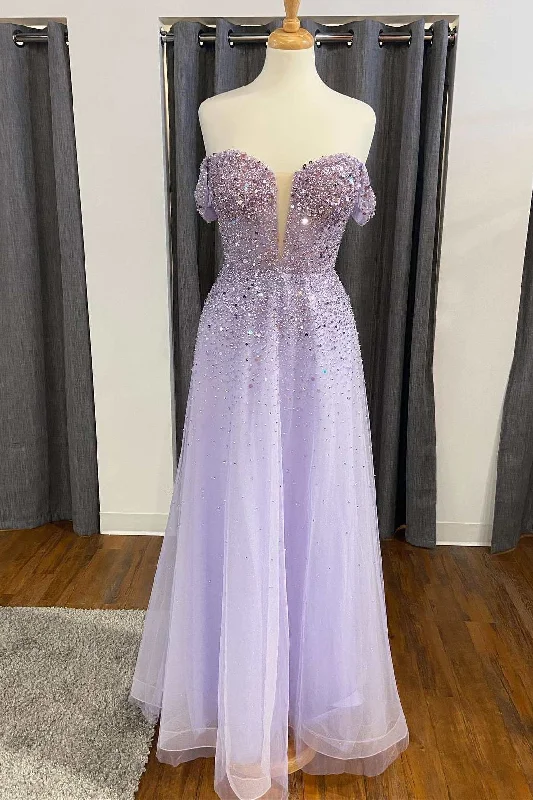 trendy mini dressShiny Lavender Sequin Off-the-Shoulder A-Line Prom Gown