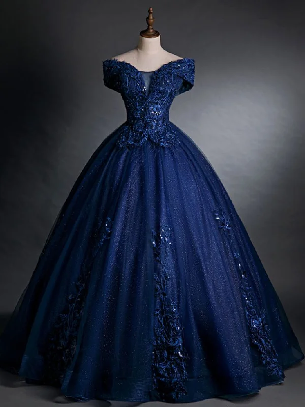 chic dressBeautiful Navy Blue Appliques Beaded Ball Gown Off The Shoulder Evening Dress  Y7677