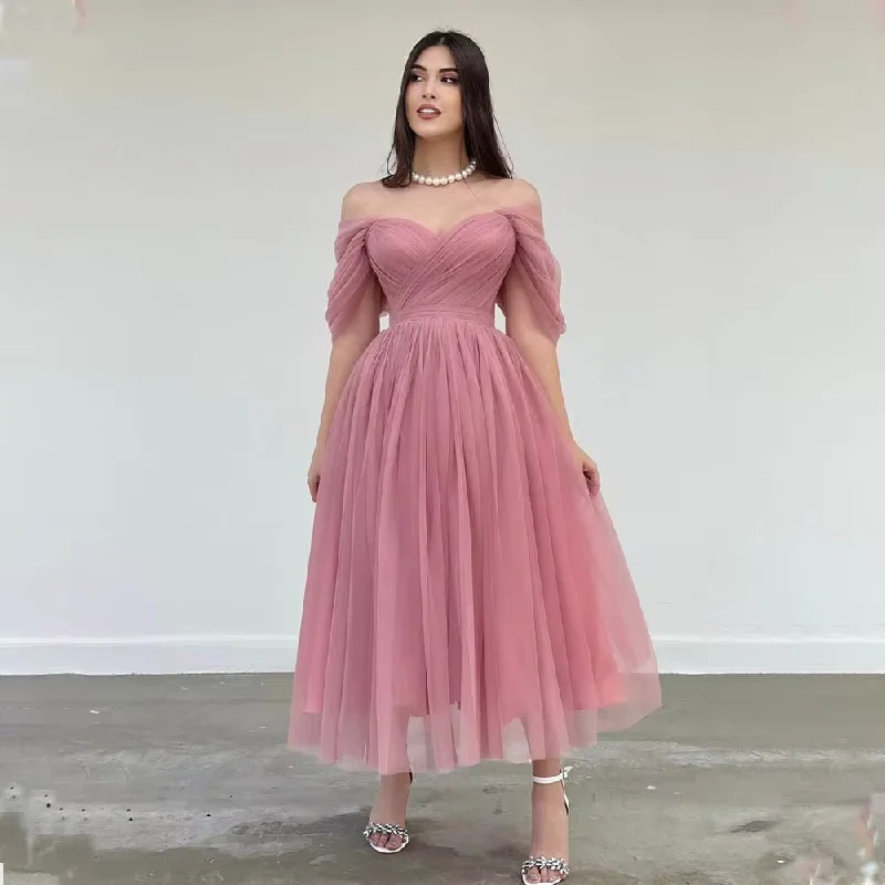 bohemian dressDusty Pink Off The Shoulder Pleat Sweethart Tulle A Line Prom Dresses Custom Made Formal Bridal Grown 2024 Homecoming Wear