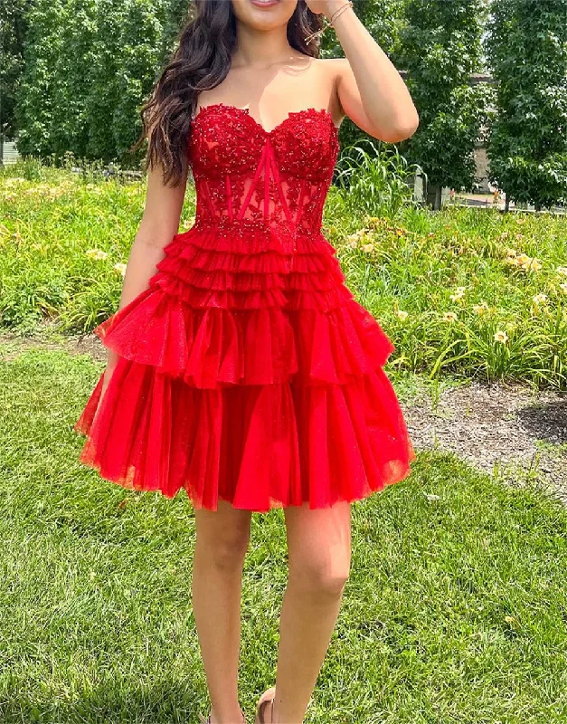 A-line dressSweetheart Tiered Ruffles Sequins Homecoming Dresses Lace Appliques Sleeveless Graduation Dress A-line Short Formal Prom Gowns