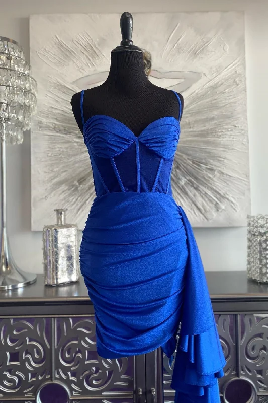 long-sleeve floral dressRoyal Blue Satin Sheath Cascading Ruffle Homecoming Dress