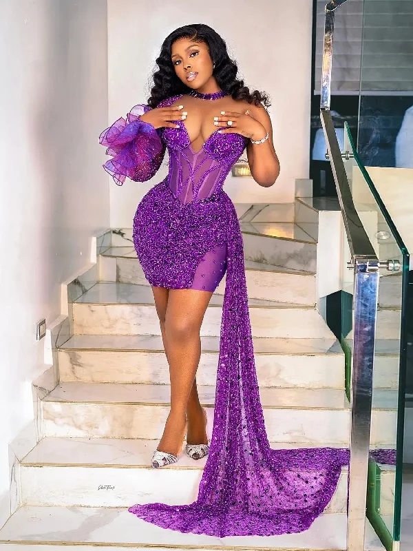 Special Price sleeveless dressChic Purple Sequins Beaded Short Prom Dresses African Women Formal Occasion Gowns Black Girls Cocktail Party Dress Mini