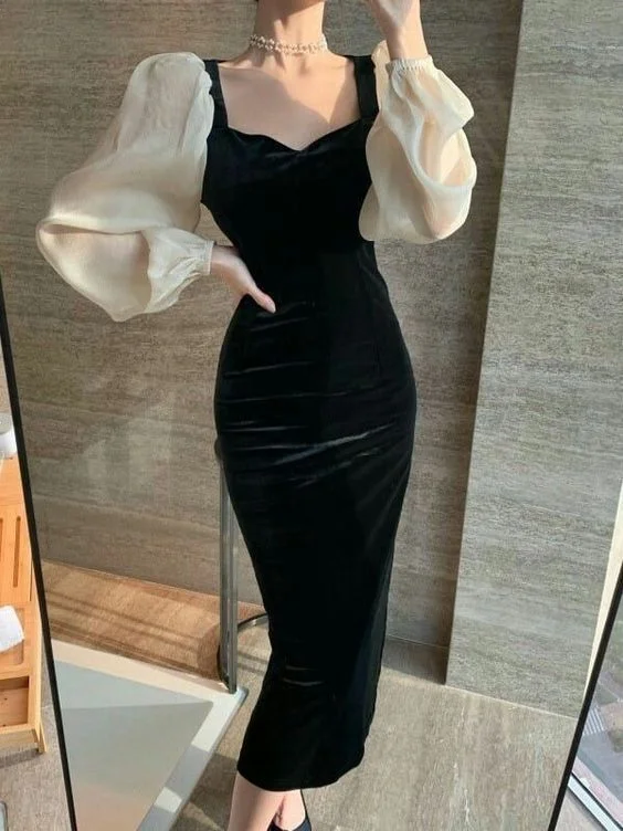 Must-Have Deals romantic dressWinter V-Neck Elegant Black Stitching Velvet Dress Female Retro High Waist Puff Sleeves Evening Dress Y5673 Must-Have Deals romantic dressWinter V-Neck Elegant Black Stitching Velvet Dress Female Retro High Waist Puff Sleeves Evening Dress Y5673