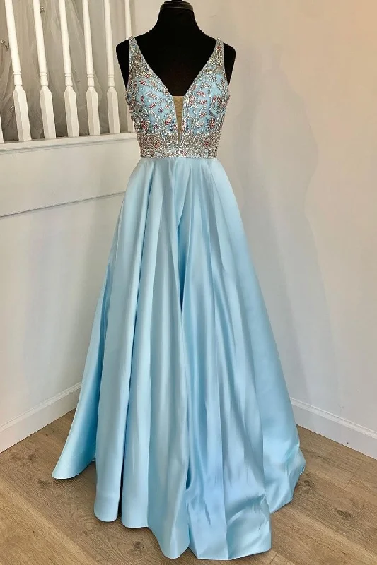 Low Prices t-shirt dressElegant Light Blue A-line Beaded Long Prom Dress